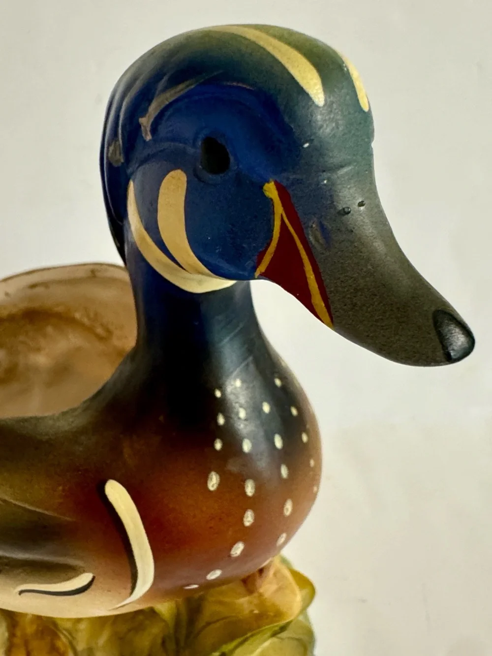 Vintage 60s Inarco Hand-Painted Ceramic Wood Duck Planter in Blue and Green